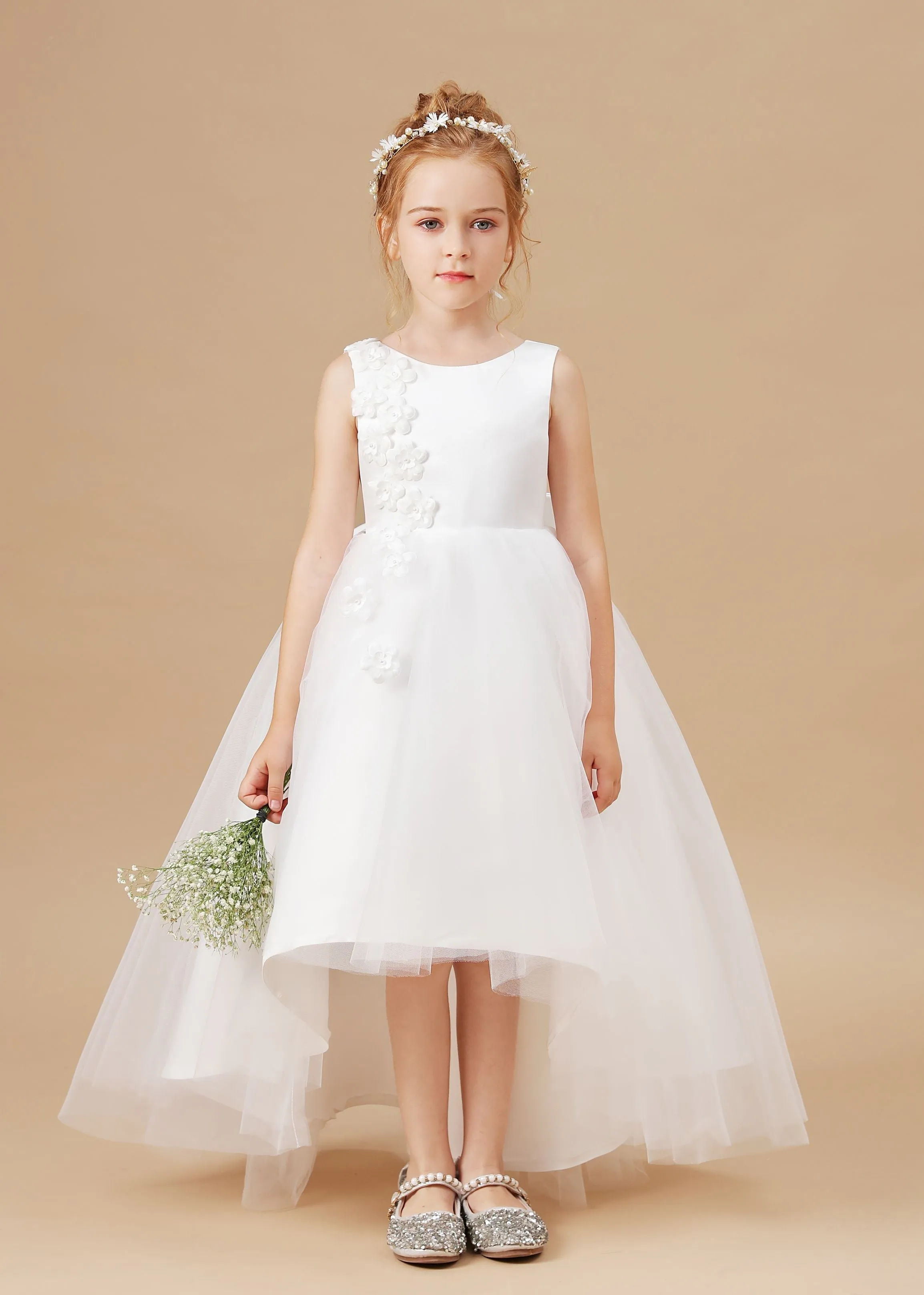 Applique Chic High Low Sleeveless Tulle Stain Flower Girl Dress With Bownet