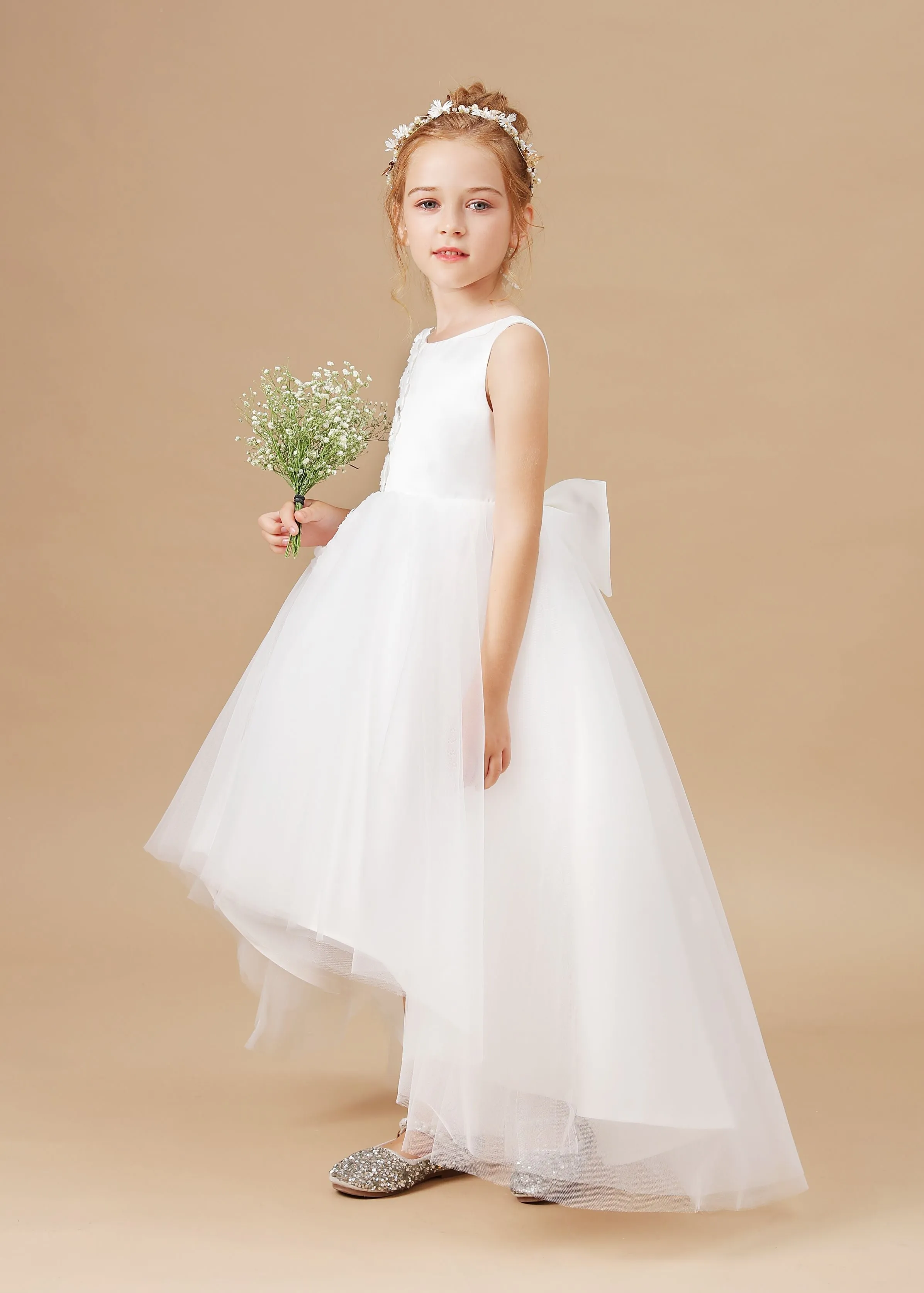 Applique Chic High Low Sleeveless Tulle Stain Flower Girl Dress With Bownet