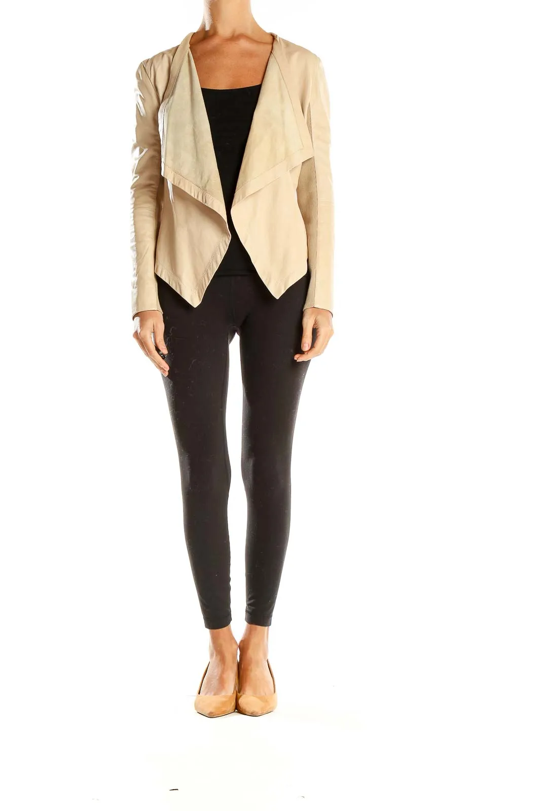 Beige Draped Open Front Jacket