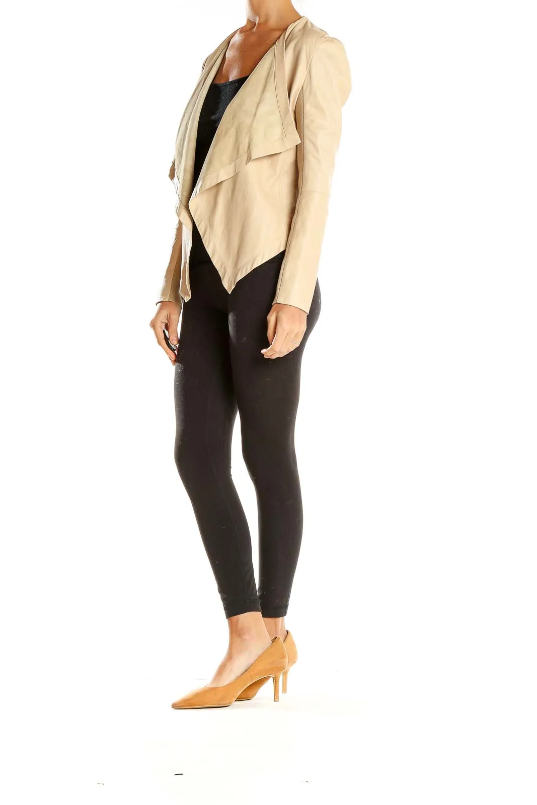 Beige Draped Open Front Jacket