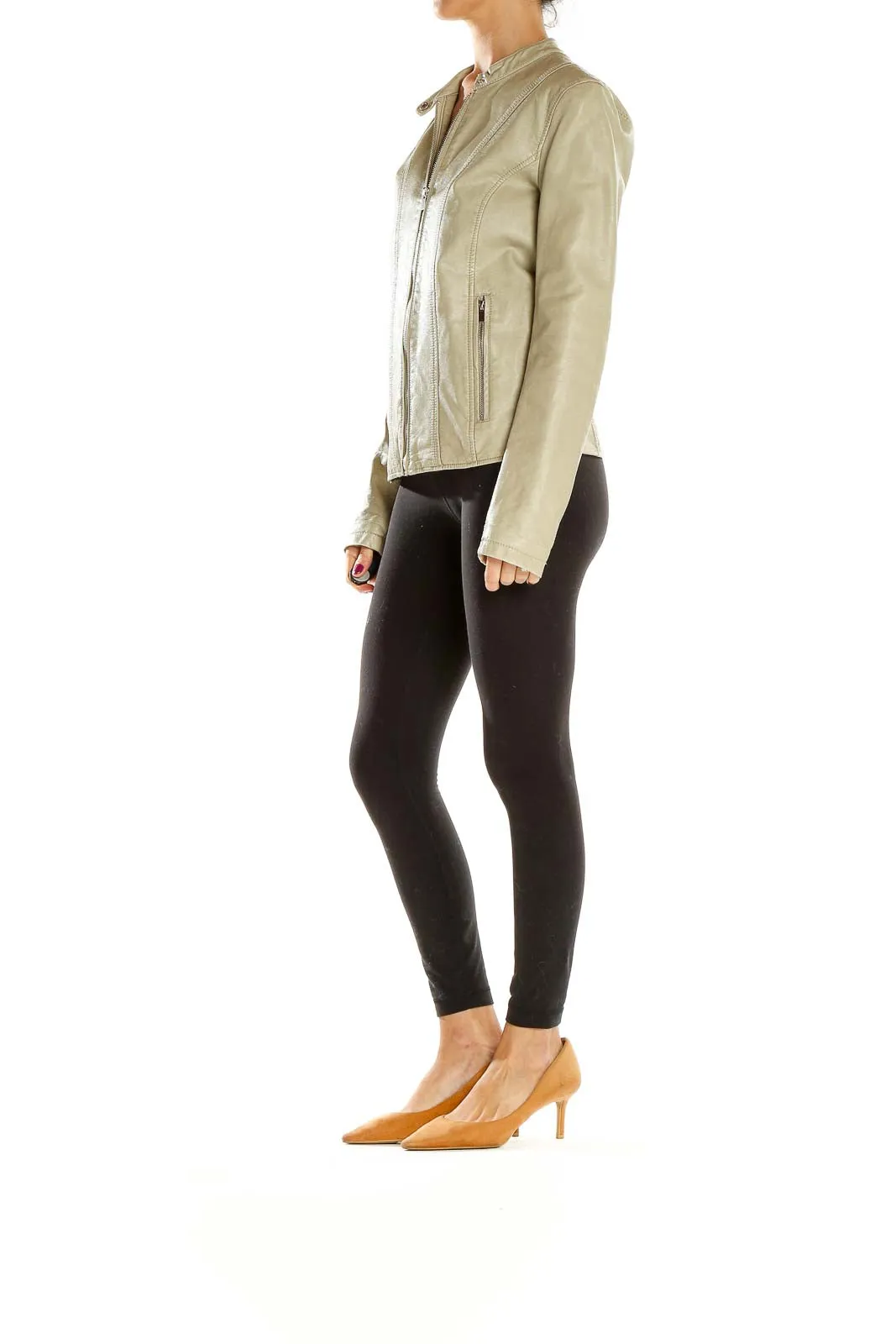 Beige Zip-Up Leather Jacket