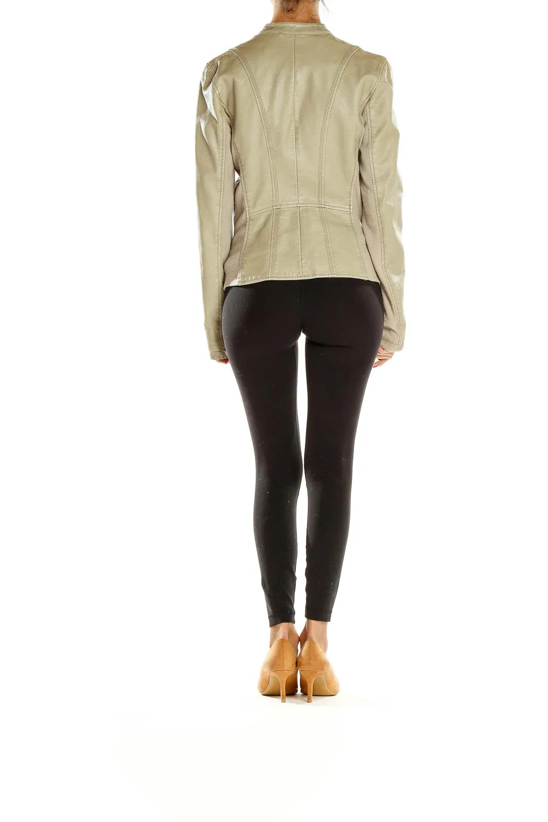 Beige Zip-Up Leather Jacket