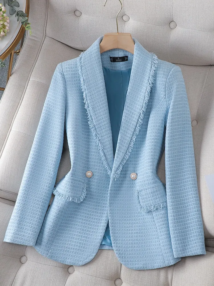 CAROLINE SUITS Women's Elegant Stylish Fashion Office Professional Woven Ivory White Plaid Blazer Jacket