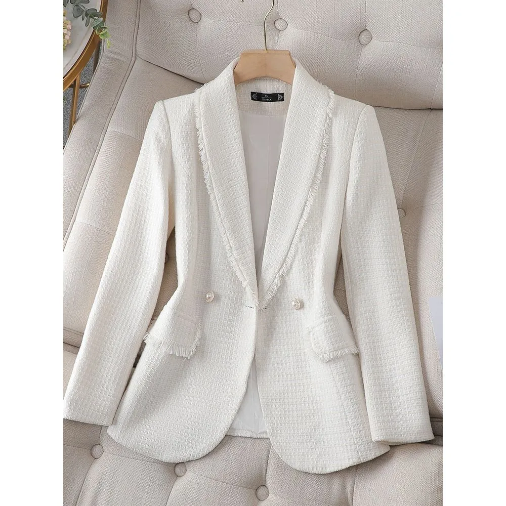 CAROLINE SUITS Women's Elegant Stylish Fashion Office Professional Woven Ivory White Plaid Blazer Jacket