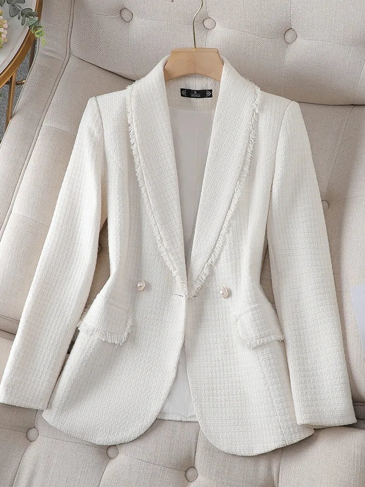 CAROLINE SUITS Women's Elegant Stylish Fashion Office Professional Woven Ivory White Plaid Blazer Jacket