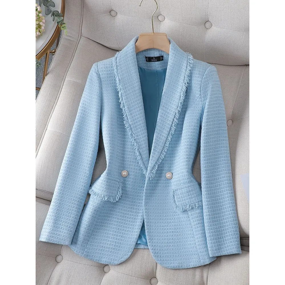 CAROLINE SUITS Women's Elegant Stylish Fashion Office Professional Woven Ivory White Plaid Blazer Jacket