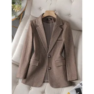 CAROLINE SUITS Women's Elegant Stylish Fashion Office Professional Woven Khaki Brown Plaid Blazer Jacket