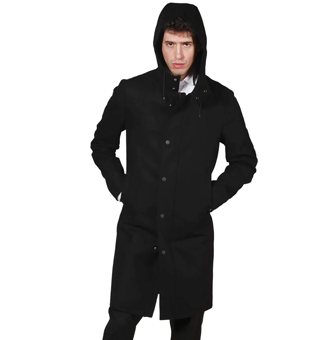 DKNY Men's Modern Fit Wool Blend All-Weather Knee Length Hooded Overcoat