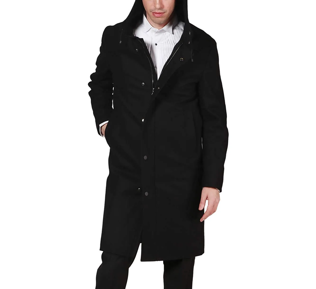 DKNY Men's Modern Fit Wool Blend All-Weather Knee Length Hooded Overcoat