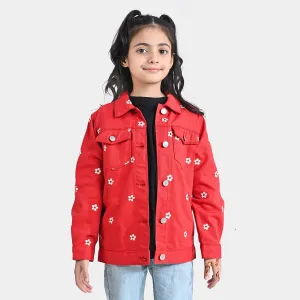 Girls Denim rigid Woven Jacket Embroidery Floral-H.R.Red