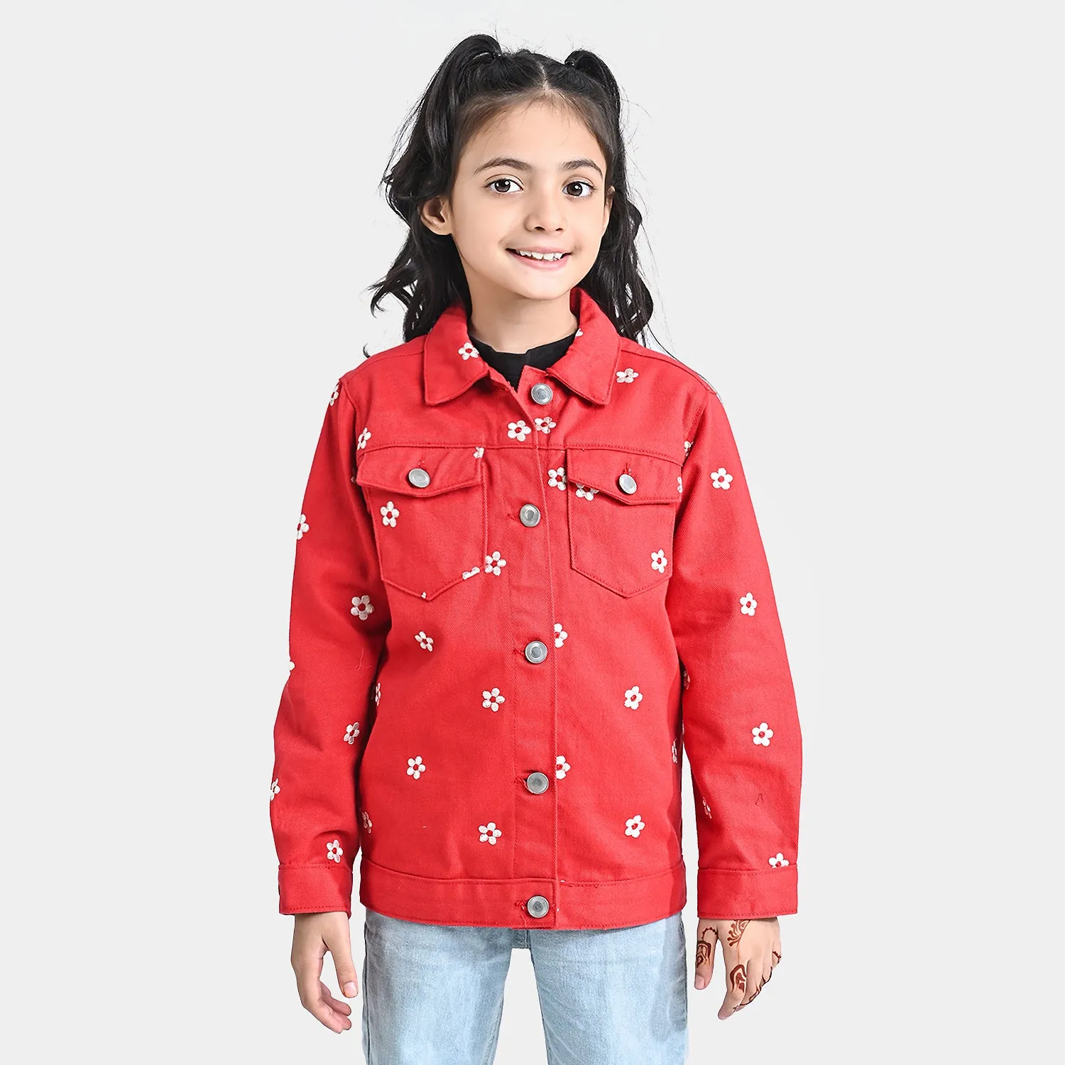 Girls Denim rigid Woven Jacket Embroidery Floral-H.R.Red