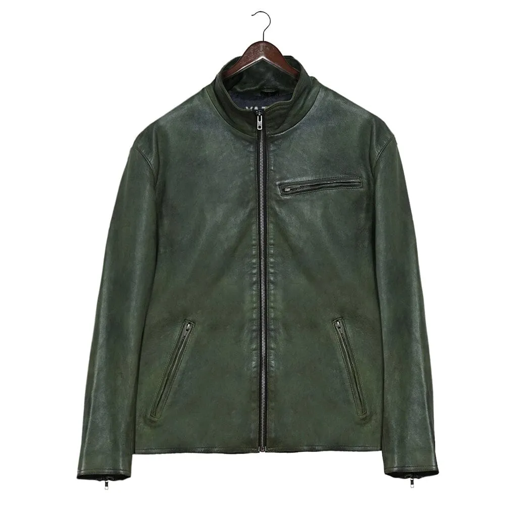 High Collar Slim Fit Mens Green Leather Jacket