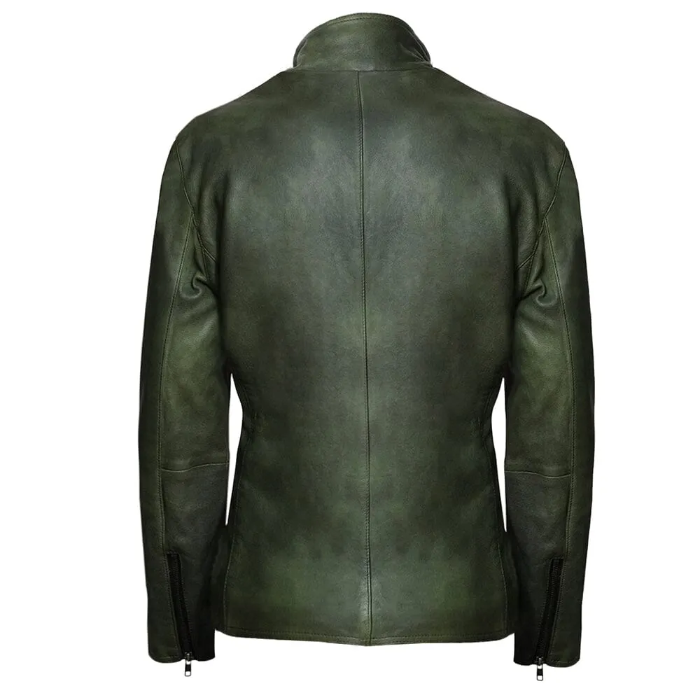 High Collar Slim Fit Mens Green Leather Jacket