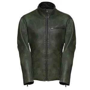 High Collar Slim Fit Mens Green Leather Jacket