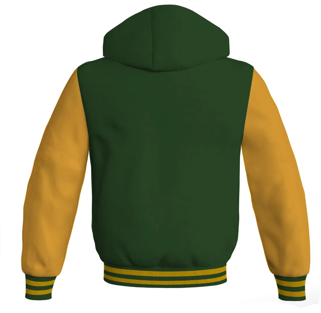 Hoodie Jackets Forest Green Body and Gold Leather Sleeves Bomber Jacket