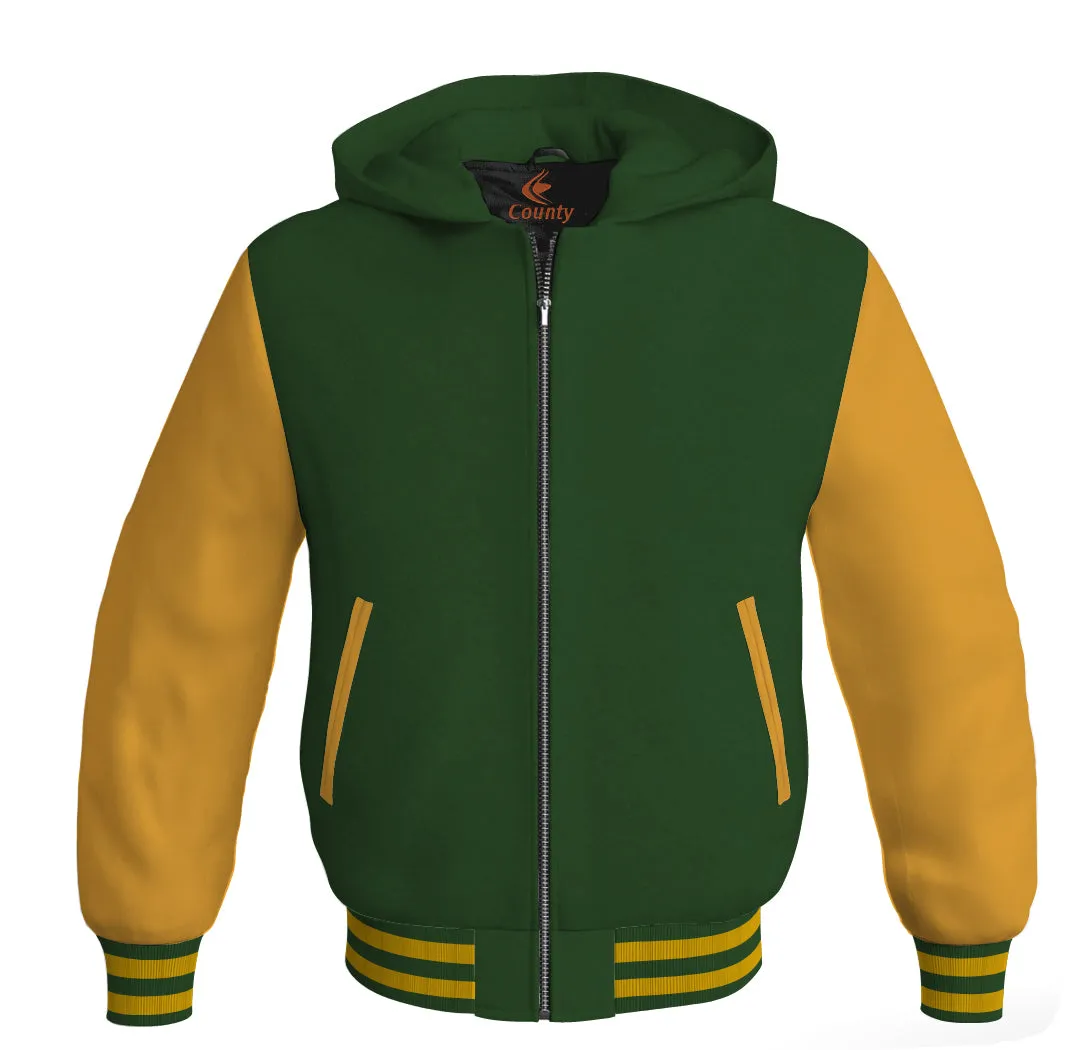 Hoodie Jackets Forest Green Body and Gold Leather Sleeves Bomber Jacket