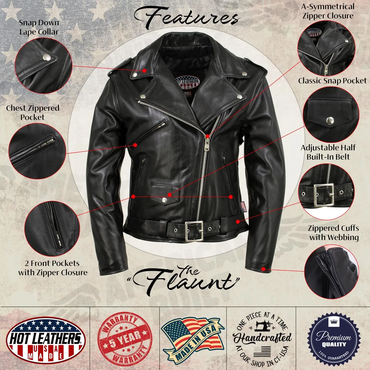 Hot Leathers JKL5004 USA Made Womens 'The Flaunt' Premium Black Classic Motorcycle Style Leather Jacket