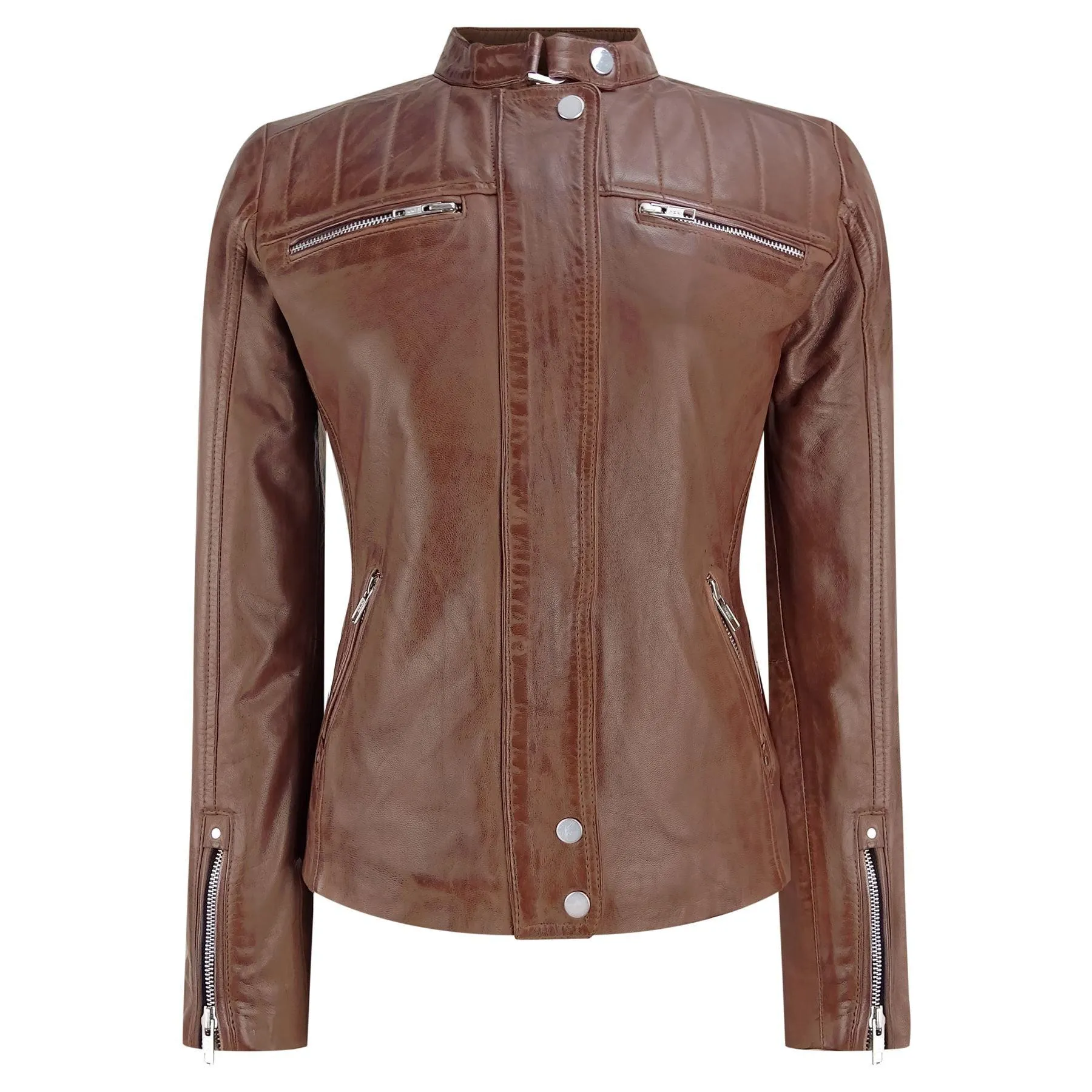 Infinity Brando' Ladies Women Timber Brown Classic Biker Style Leather Jacket