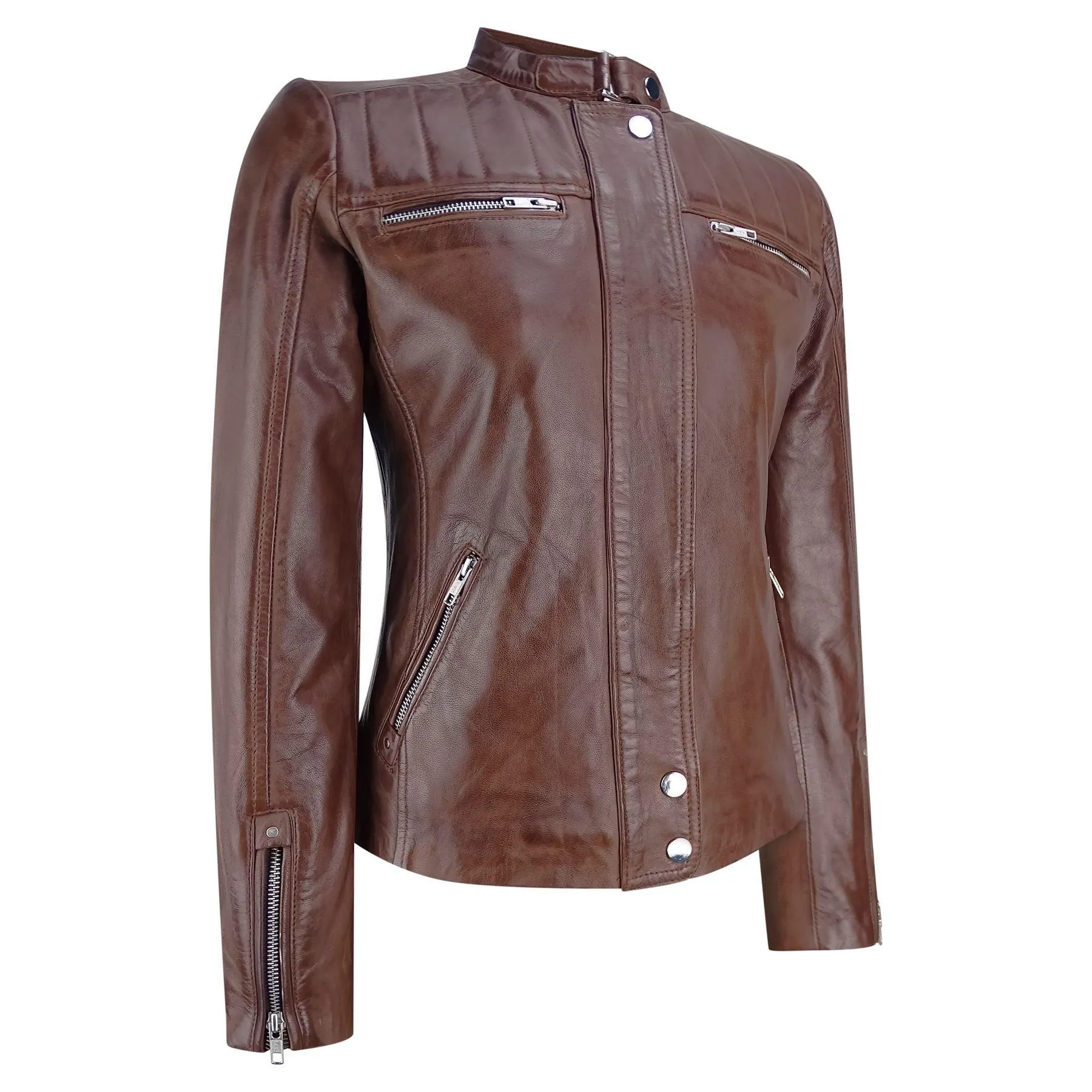 Infinity Brando' Ladies Women Timber Brown Classic Biker Style Leather Jacket