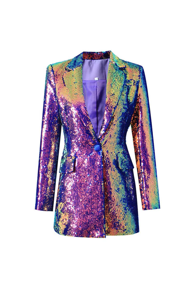 Iridescent Sequin Lapel Collar Long Sleeve Cinch Waist Metallic Party Blazer