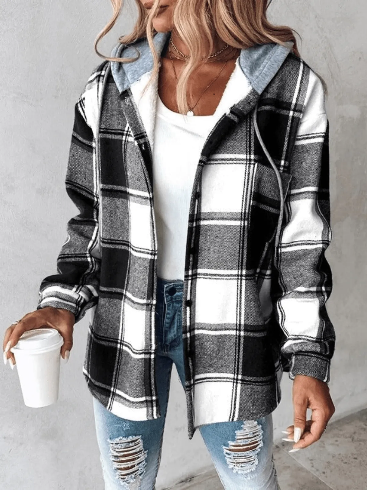 Ivyshape | Casual Flannel Shirt With Hood