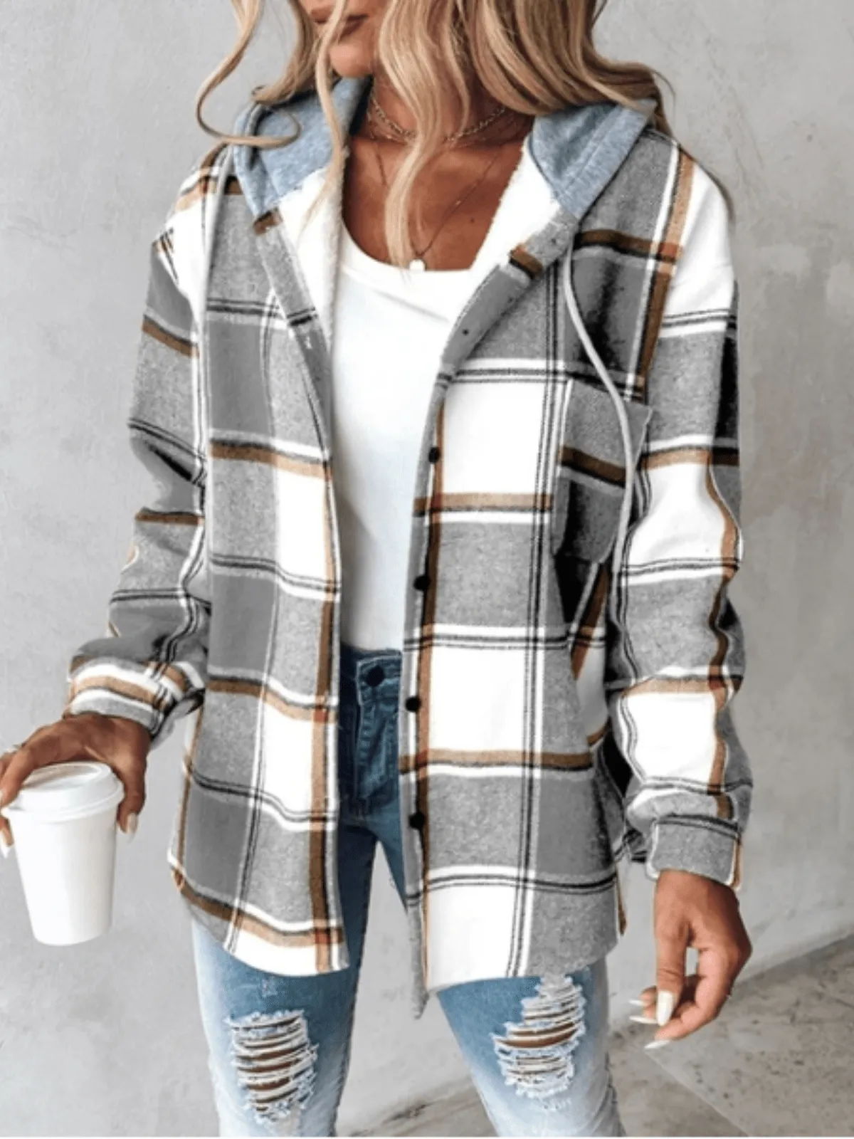 Ivyshape | Casual Flannel Shirt With Hood