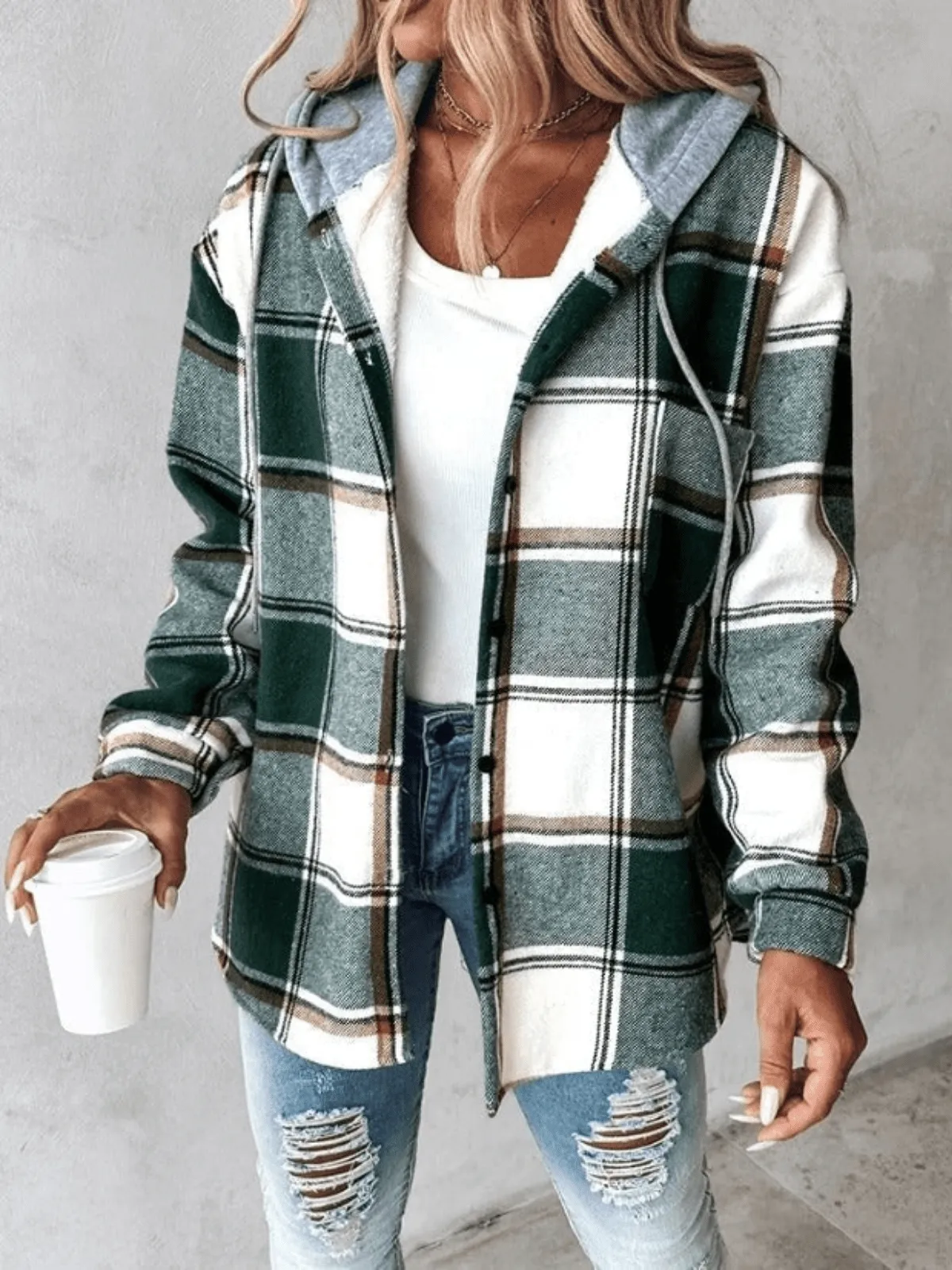 Ivyshape | Casual Flannel Shirt With Hood