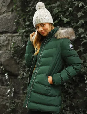 Jaboris Fur Funnel Neck Longline Quilted Puffer Coat in Dark Green - Tokyo Laundry