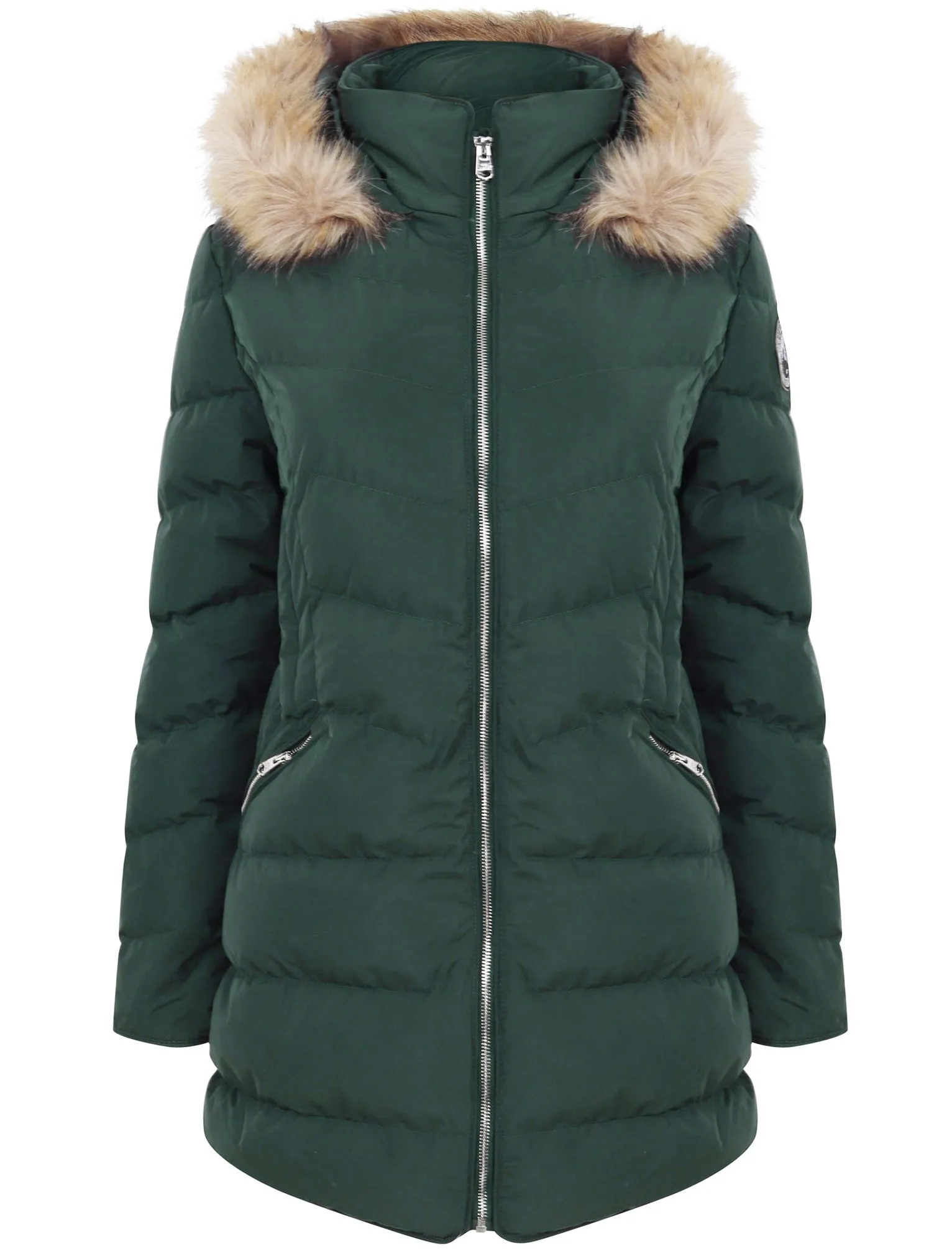 Jaboris Fur Funnel Neck Longline Quilted Puffer Coat in Dark Green - Tokyo Laundry