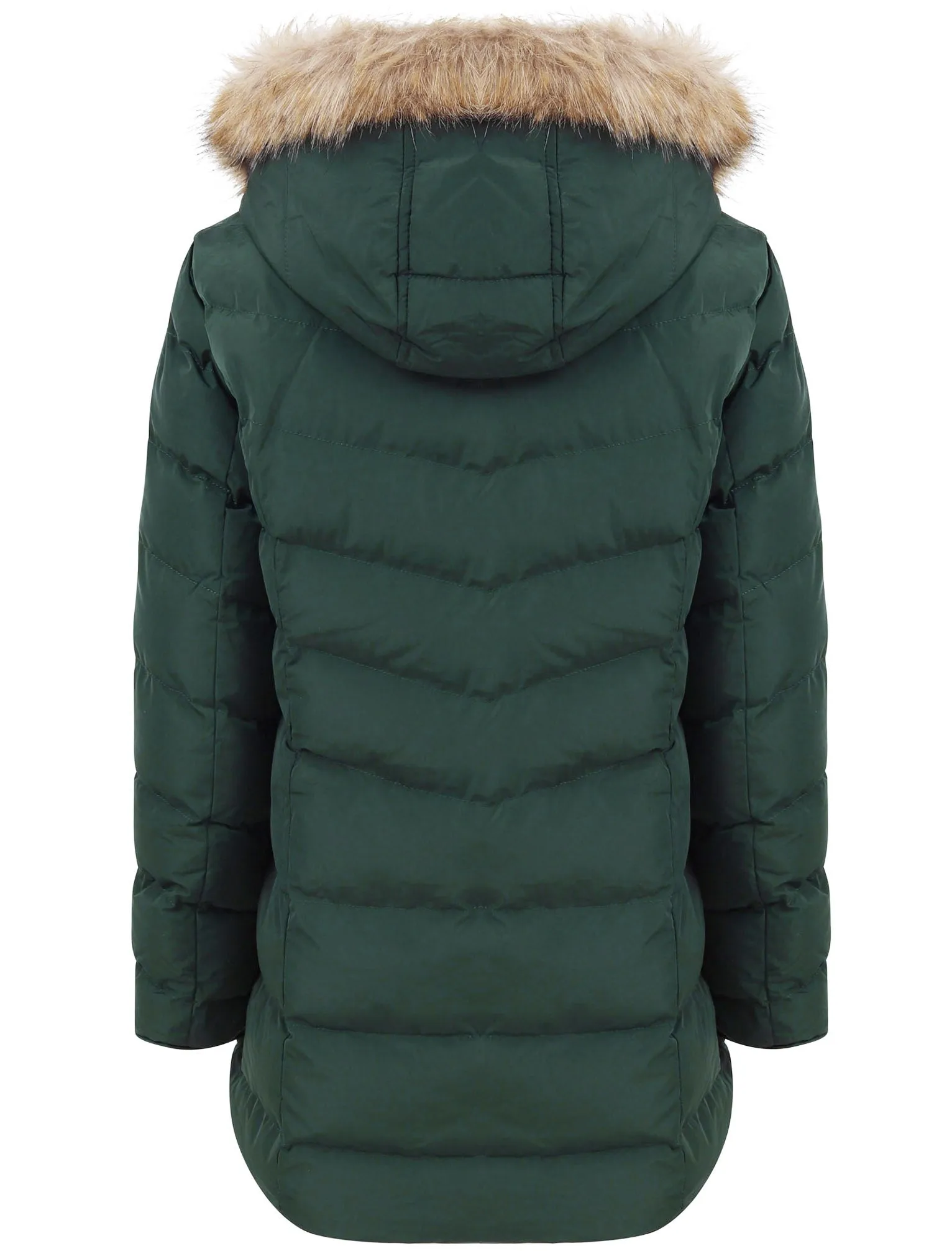 Jaboris Fur Funnel Neck Longline Quilted Puffer Coat in Dark Green - Tokyo Laundry