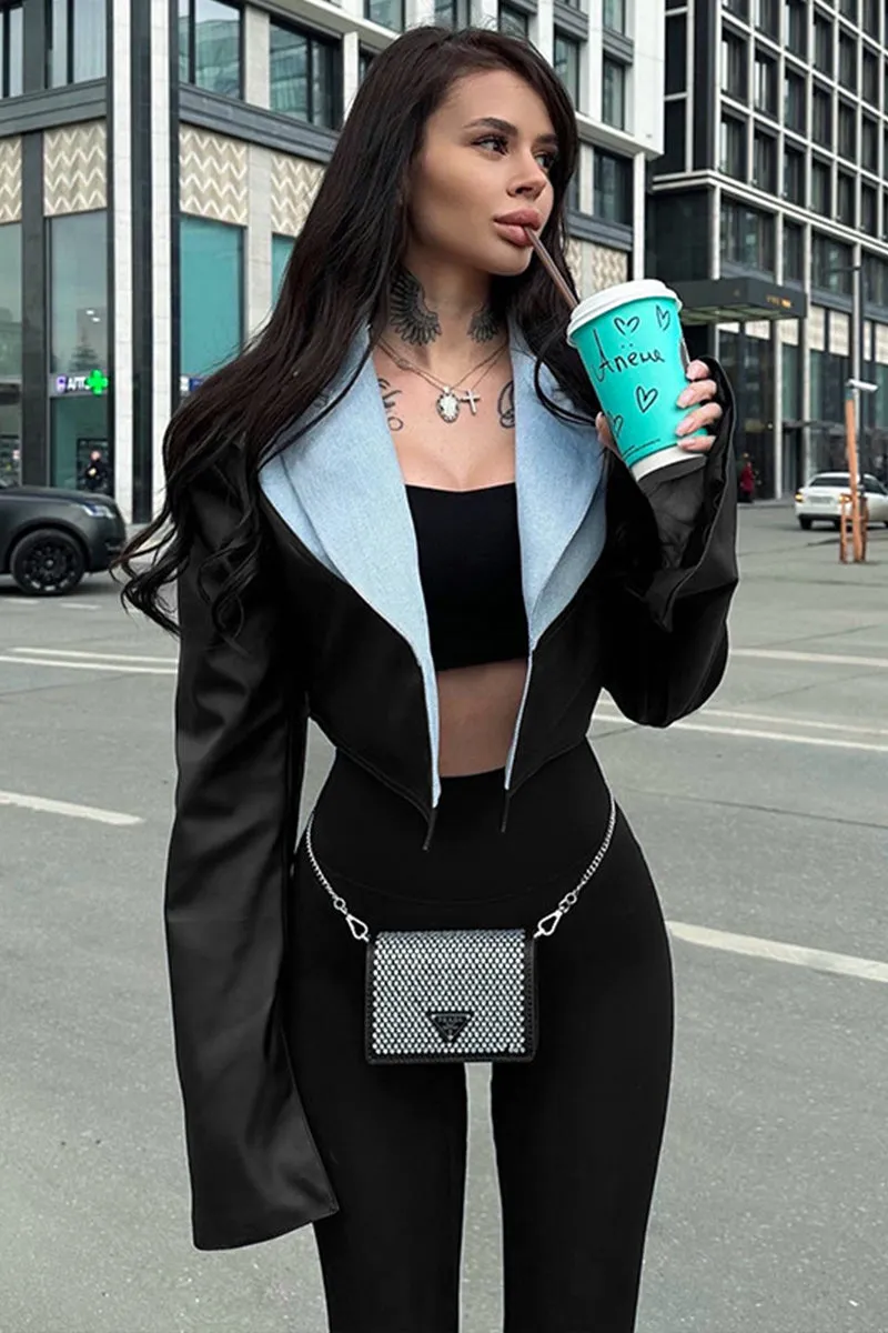 Lapel Leather Slit Sleeve Crop Jacket