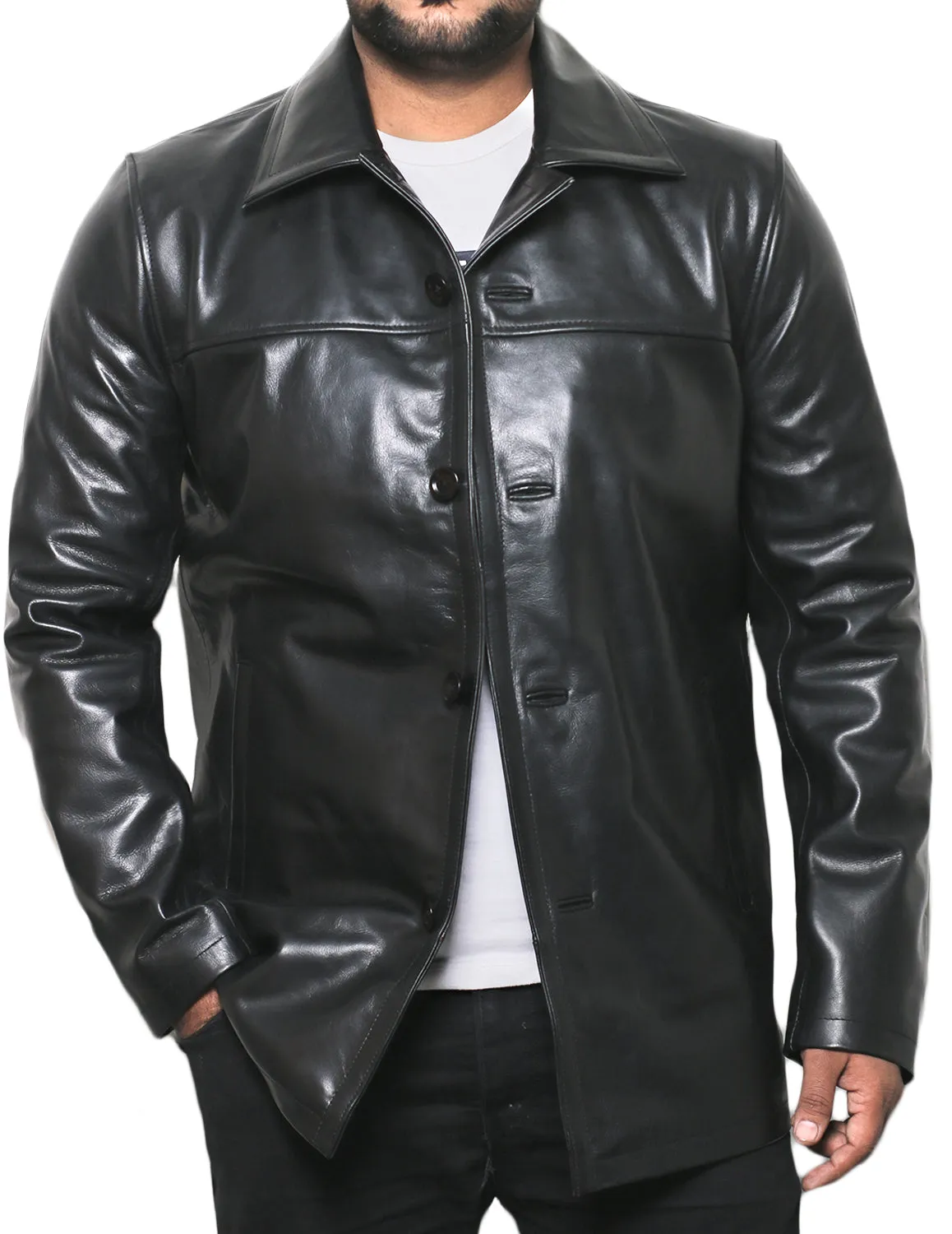 Leather Jackets Hub Mens Genuine Cowhide Leather Coat (Black, Classic Coat) - 1502832