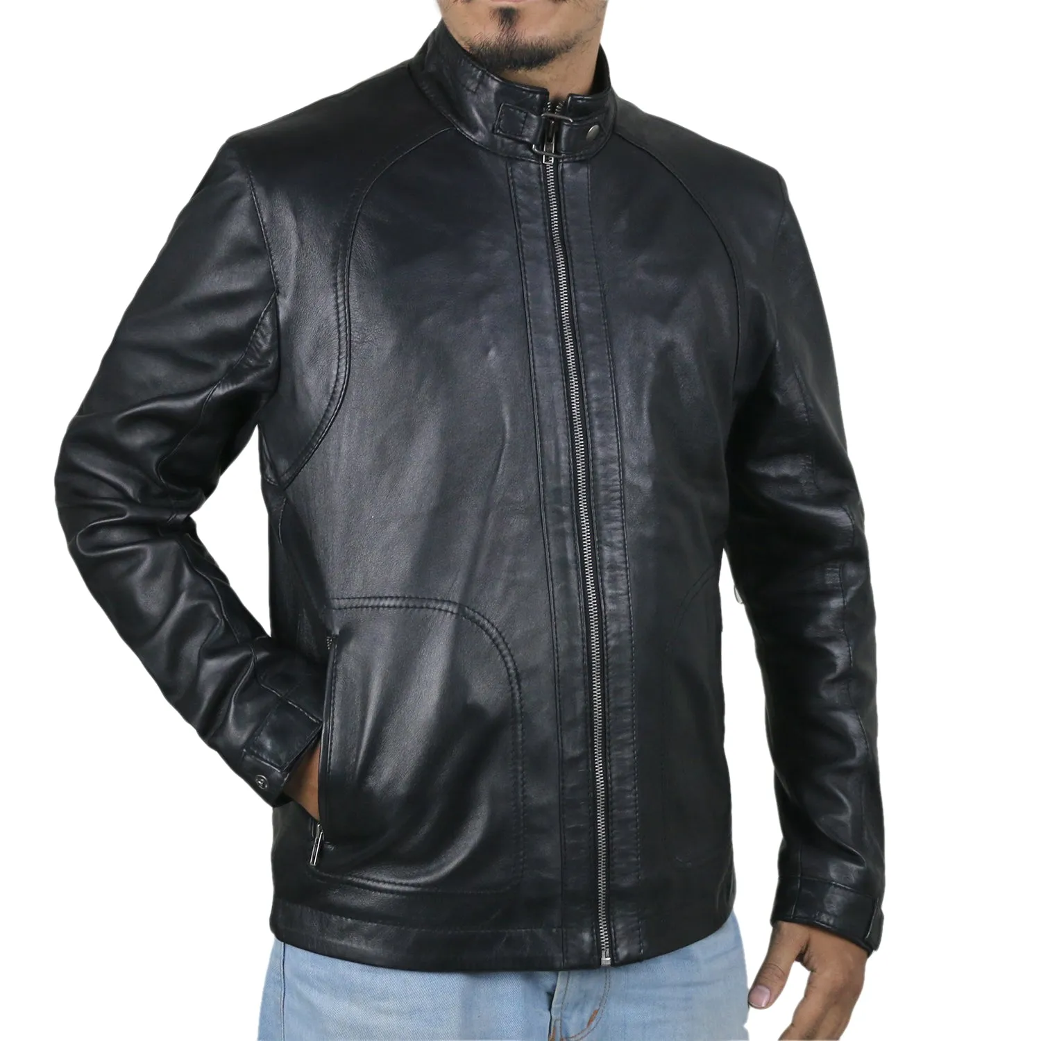 Leather Jackets Hub Mens Genuine Lambskin Leather Jacket (Black, Classic Jacket) - 1501168