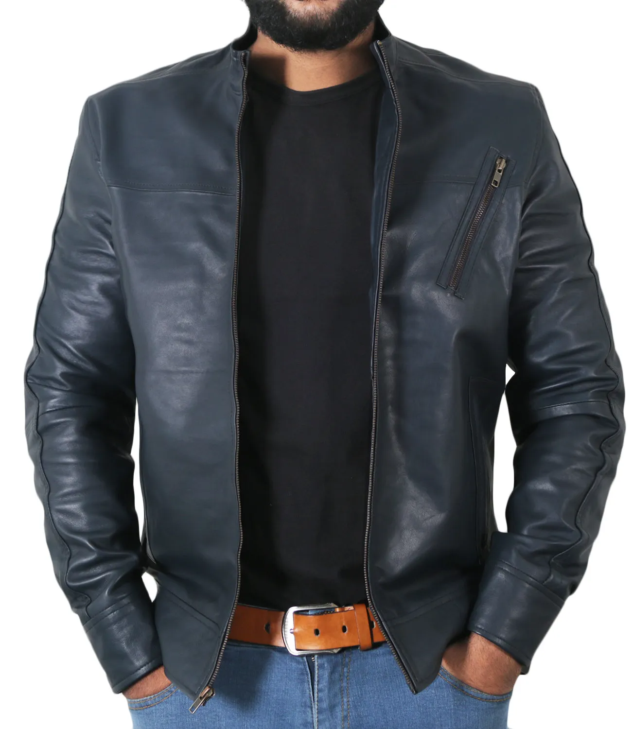 Leather Jackets Hub Mens Genuine Lambskin Leather Jacket (Black, Racer Jacket) - 1501183