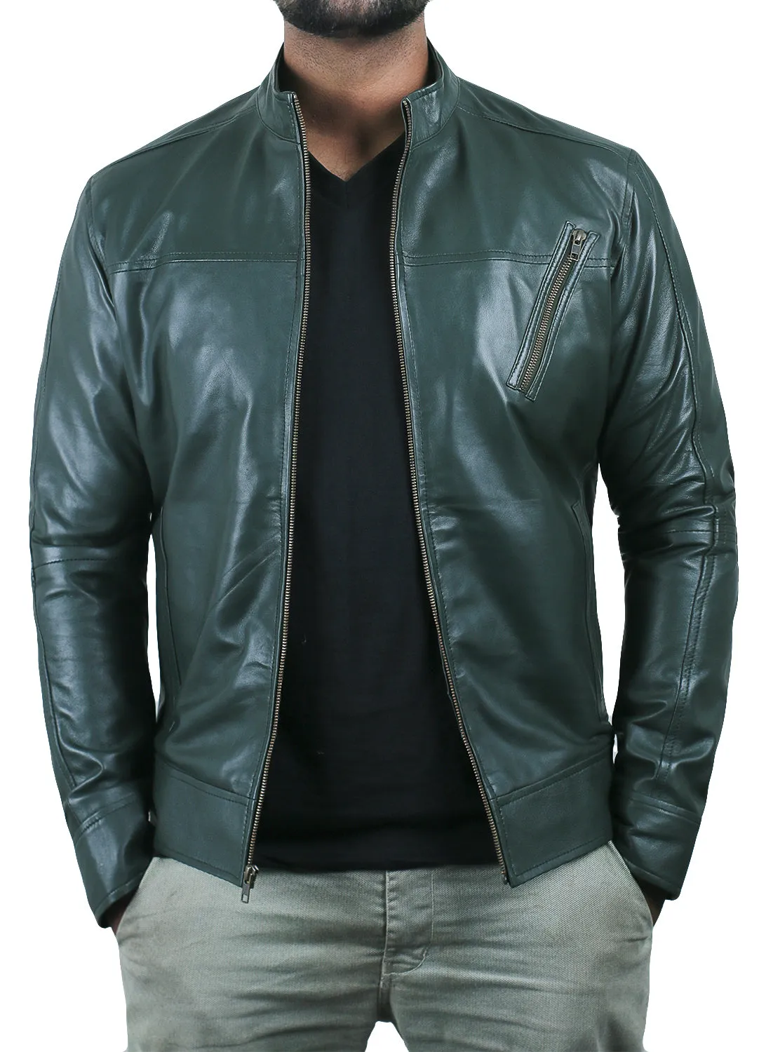 Leather Jackets Hub Mens Genuine Lambskin Leather Jacket (Black, Racer Jacket) - 1501183