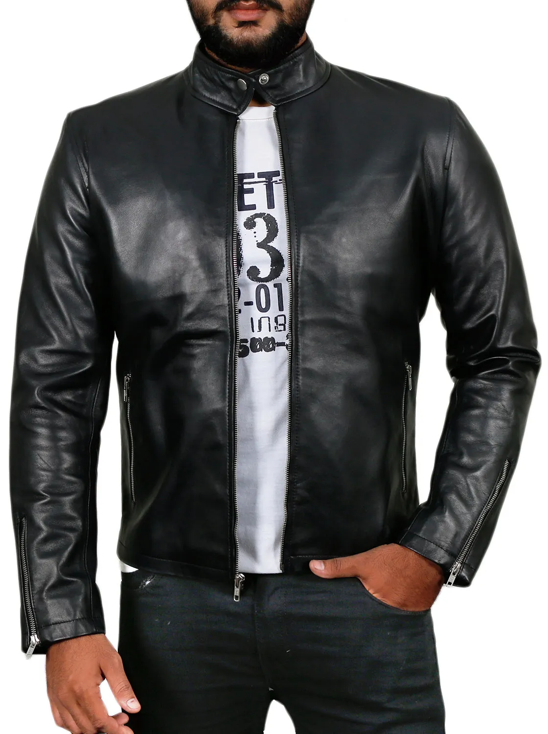 Leather Jackets Hub Mens Genuine Lambskin Leather Jacket (Black, Racer Jacket) - 1501203