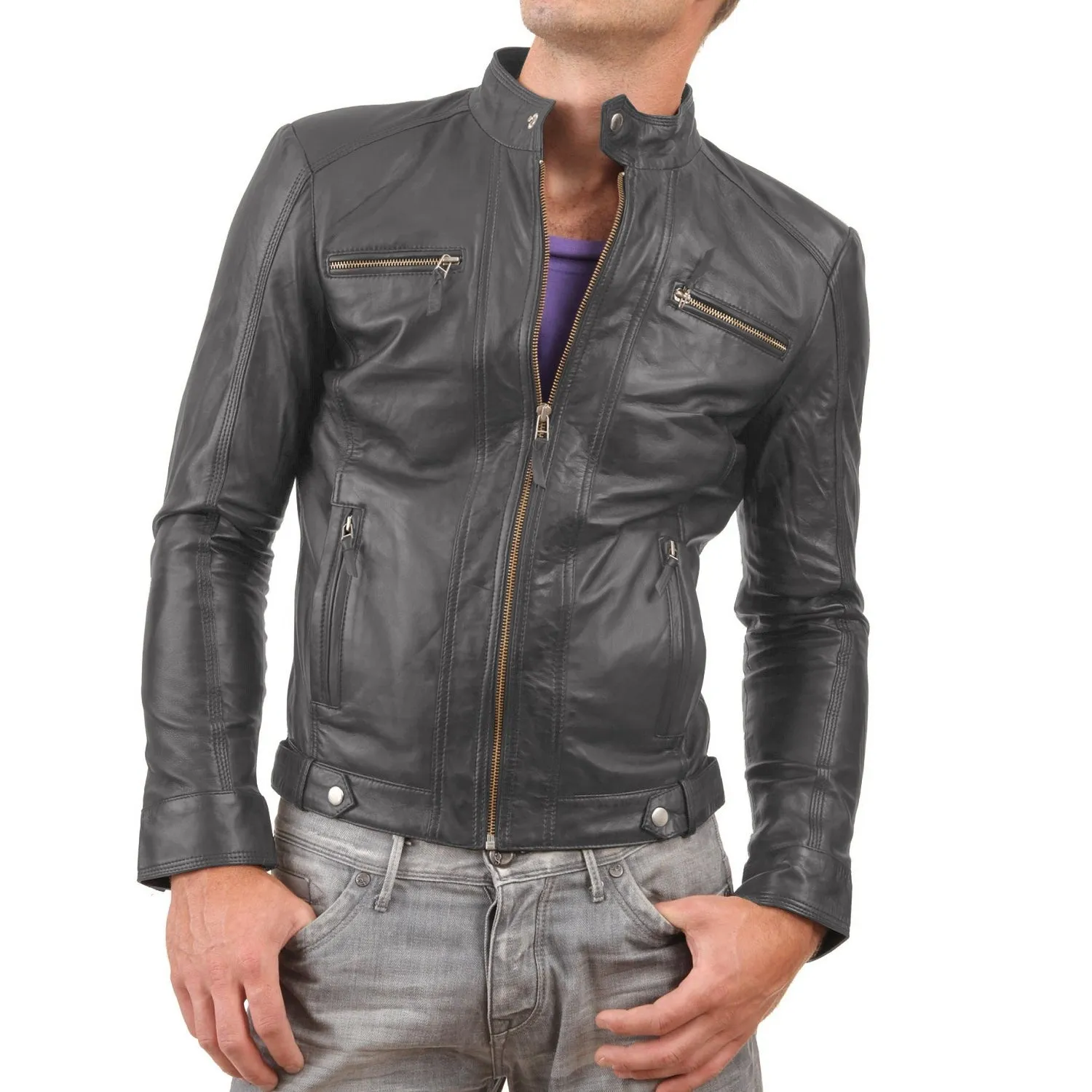 Leather Jackets Hub Mens Genuine Lambskin Leather Jacket (Black, Racer Jacket) - 1501275