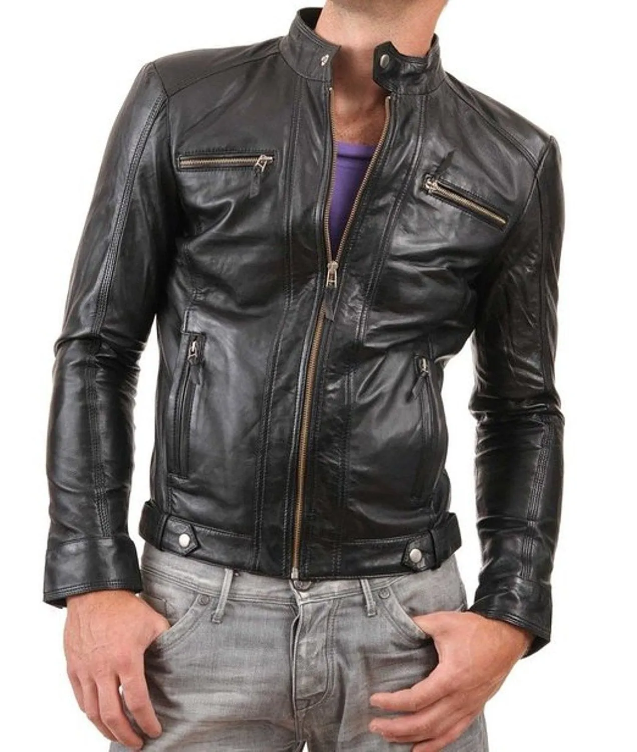 Leather Jackets Hub Mens Genuine Lambskin Leather Jacket (Black, Racer Jacket) - 1501275