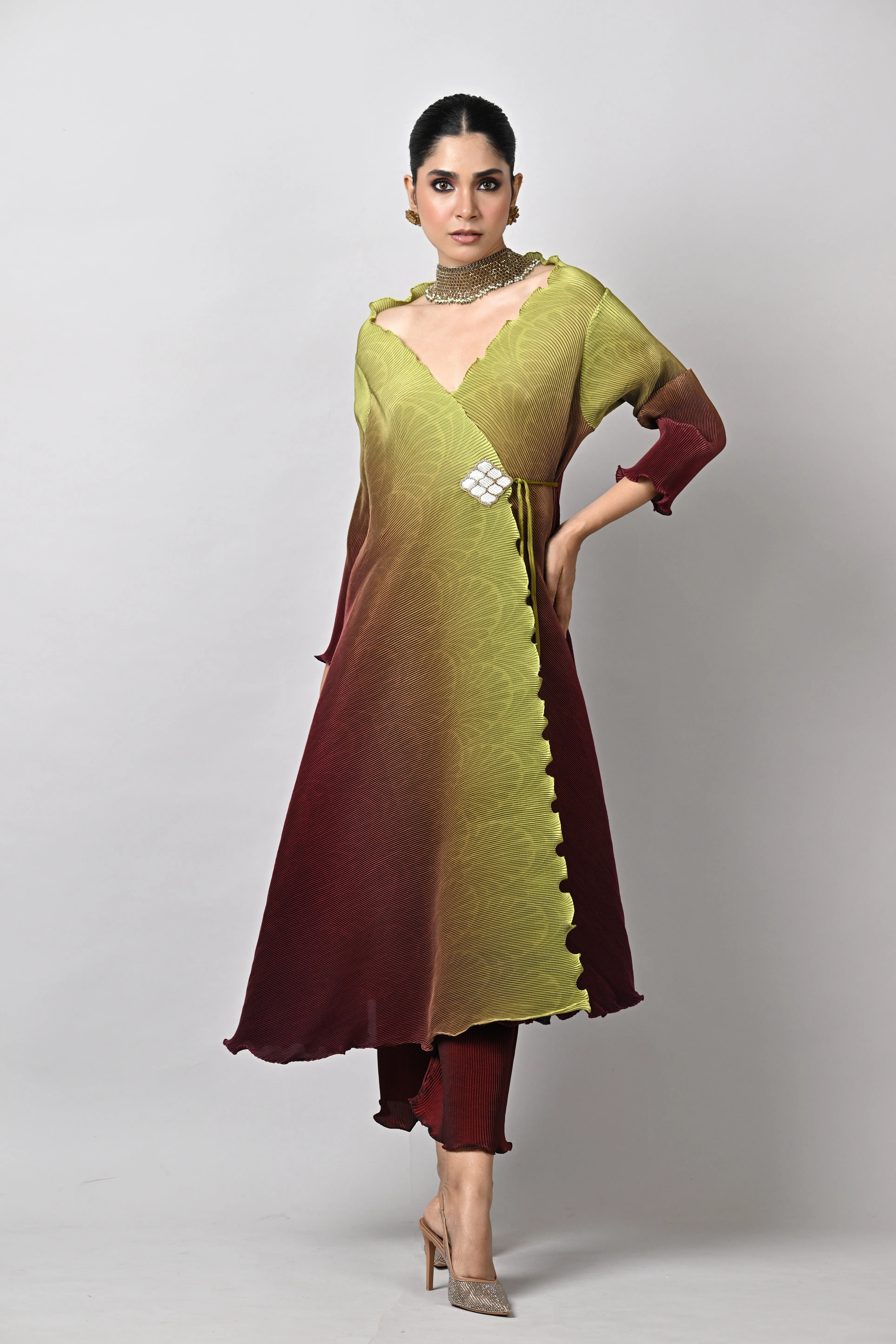 Lime oombre'd merlot pleated angarkha with hand embroidered motif detail