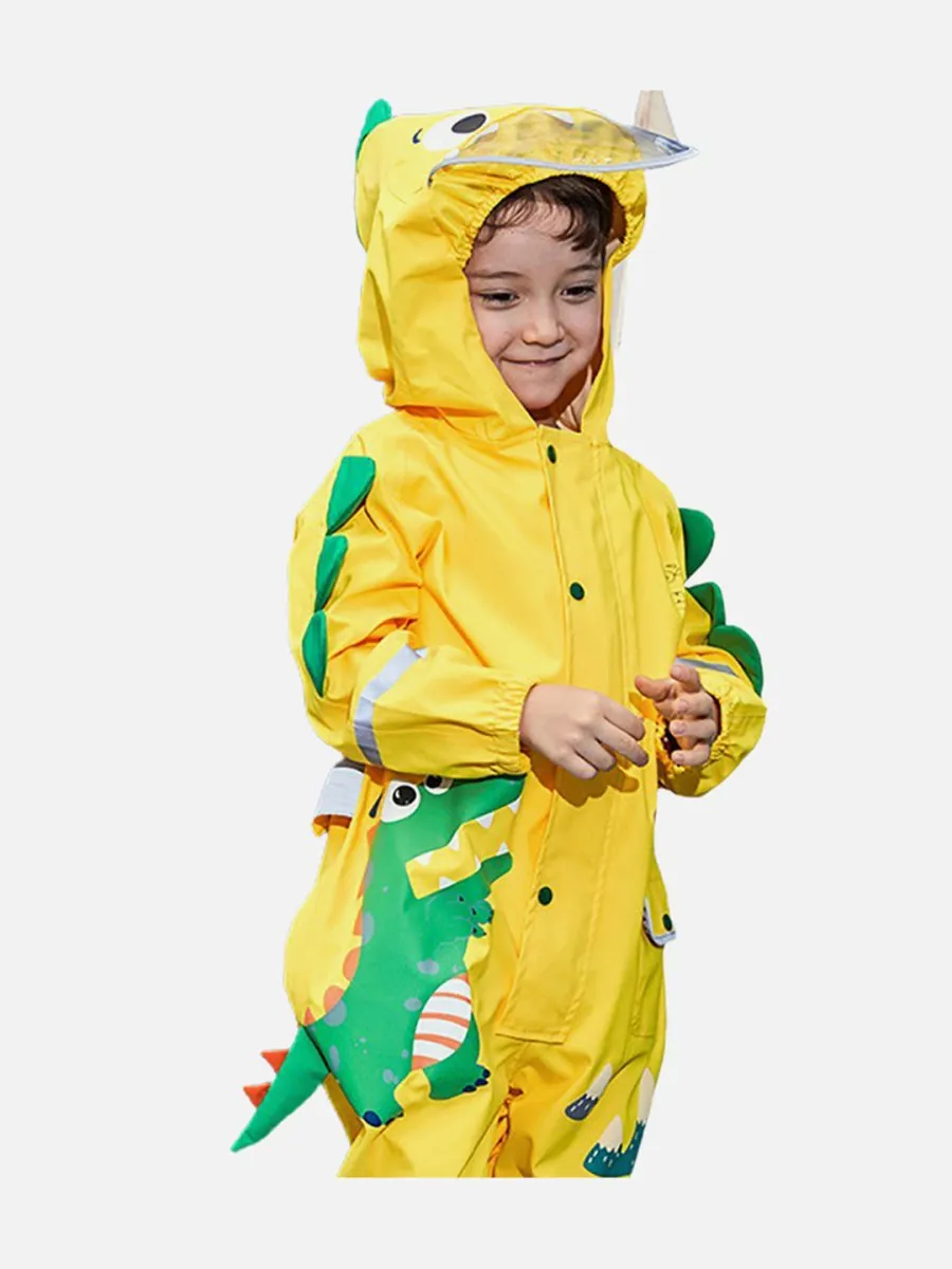 Little Surprise Box Bright Yellow 3D Dino Theme All Over Jumpsuit / Playsuit Raincoat for Kids