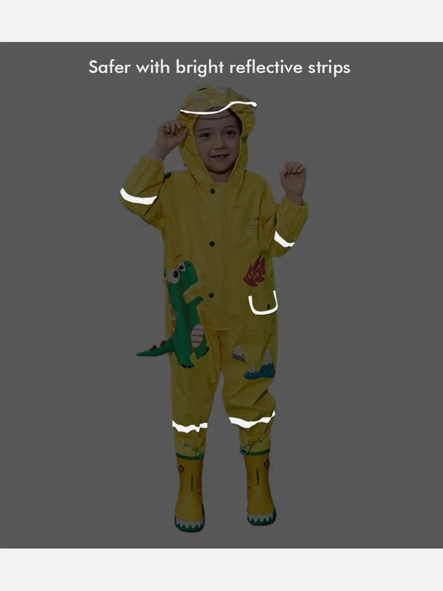 Little Surprise Box Bright Yellow 3D Dino Theme All Over Jumpsuit / Playsuit Raincoat for Kids