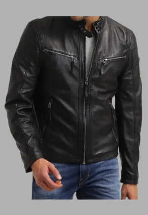 Men Designer Biker Style Classic Black Zipper Genuine Leather Jacket