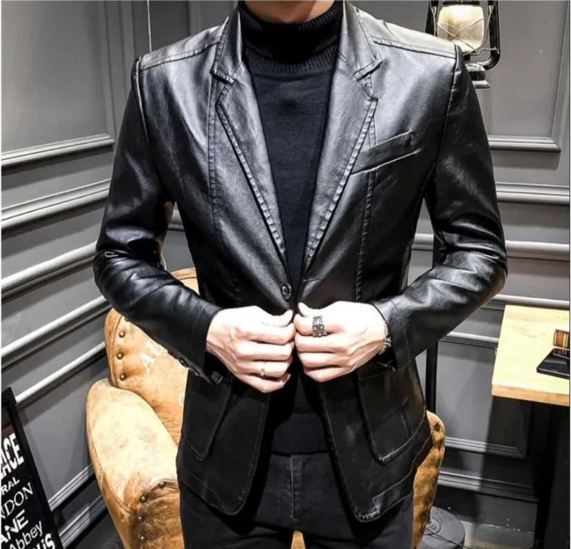 Men Leather Suits Jackets Blazers Coats New Fashion Male Slim Fit PU Overcoats L S4053121