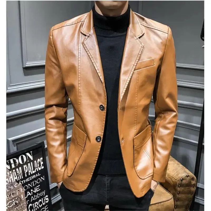 Men Leather Suits Jackets Blazers Coats New Fashion Male Slim Fit PU Overcoats L S4053121