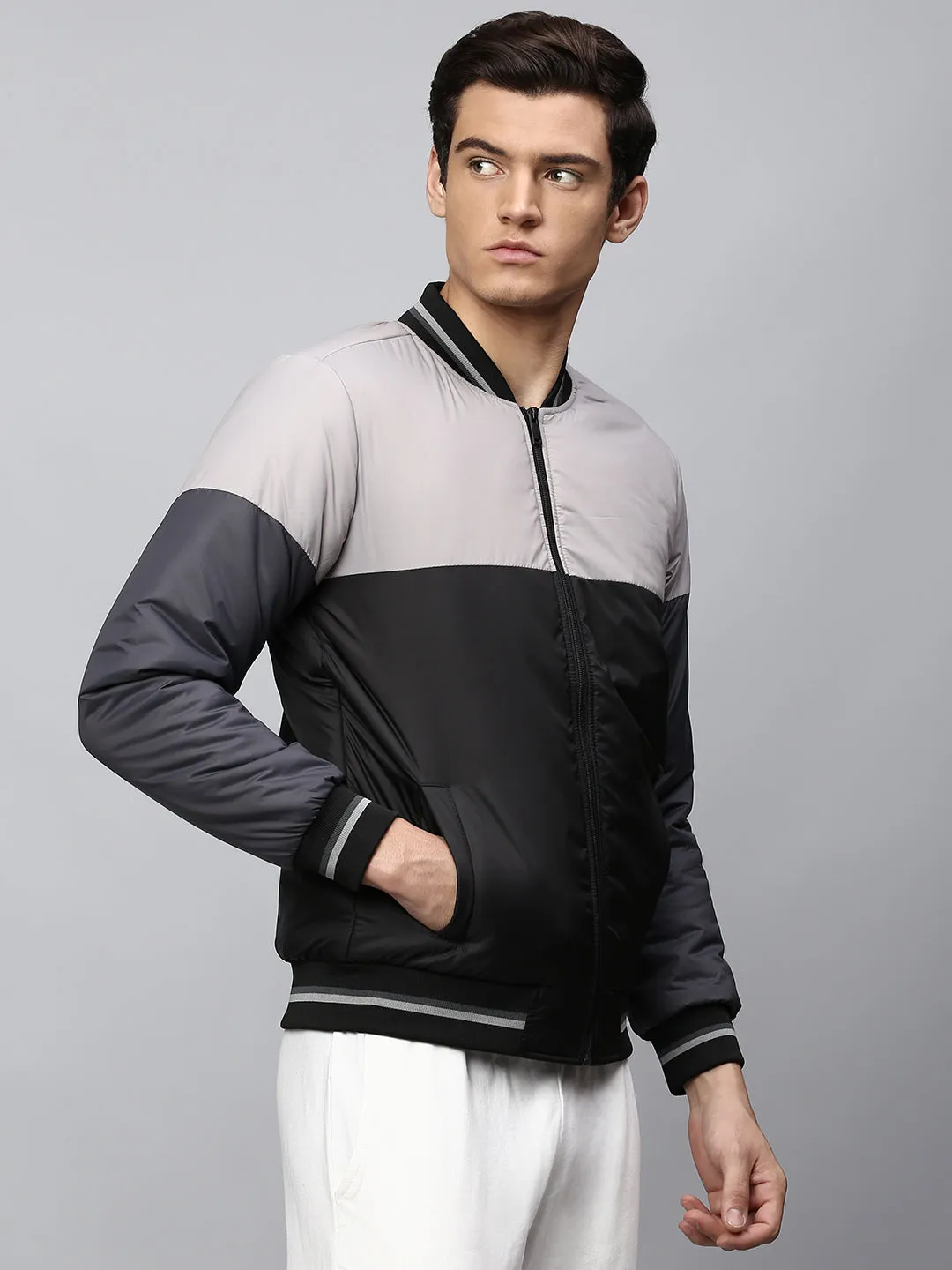 Men's Grey Regular Fit Winterwear Bomber Jacket