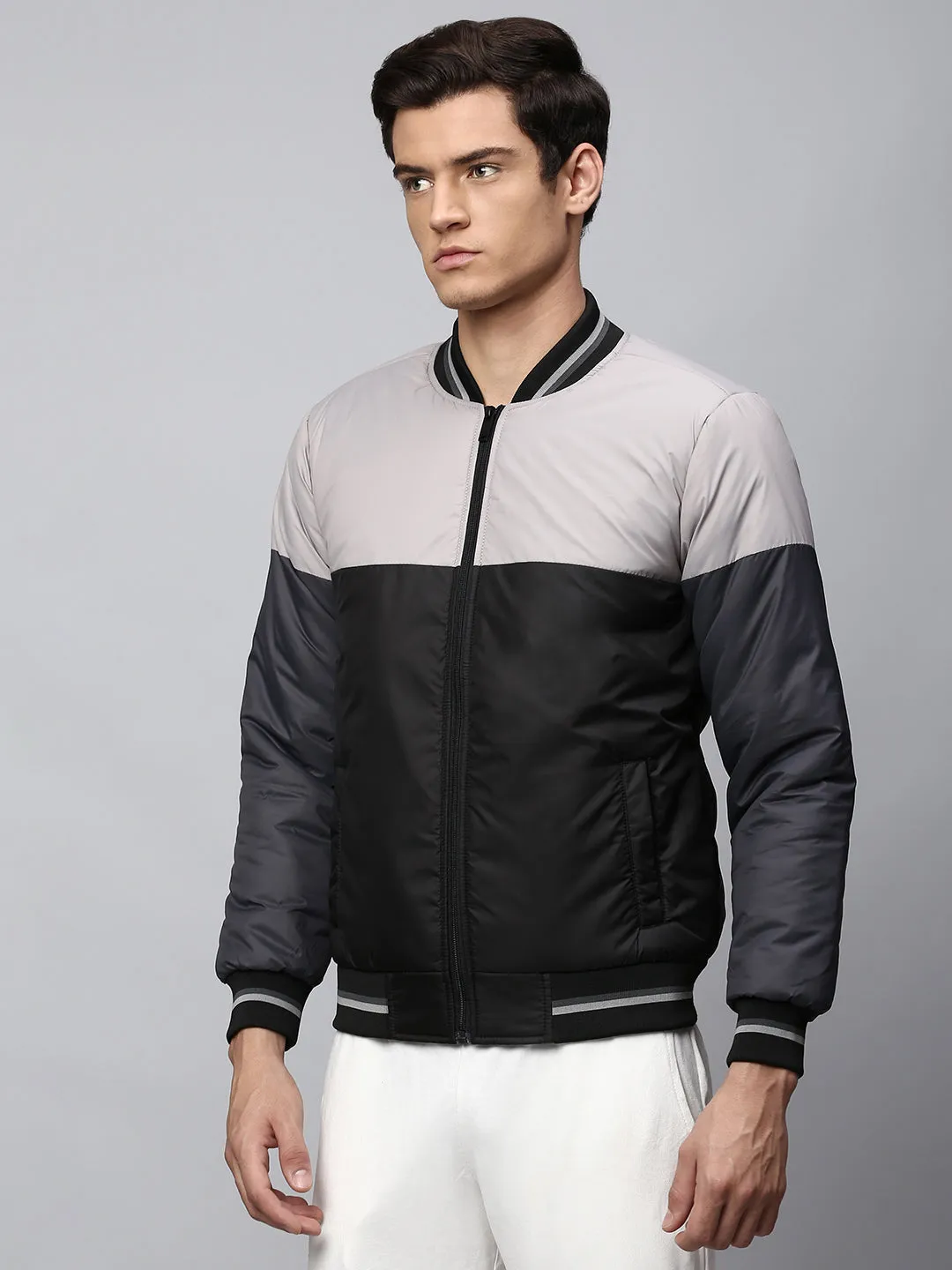 Men's Grey Regular Fit Winterwear Bomber Jacket