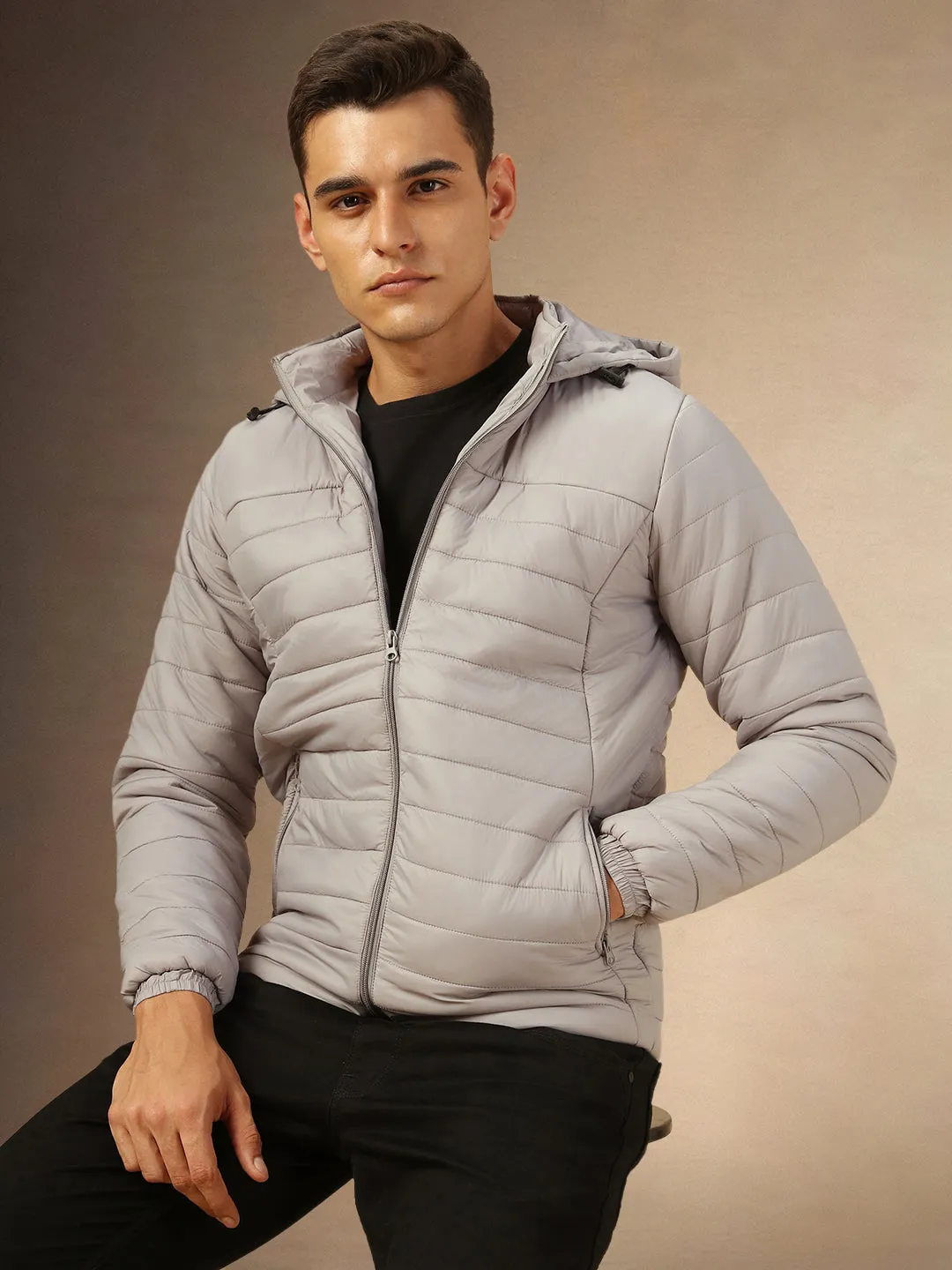 Men's Grey Solid Full Sleeves Hooded Jacket