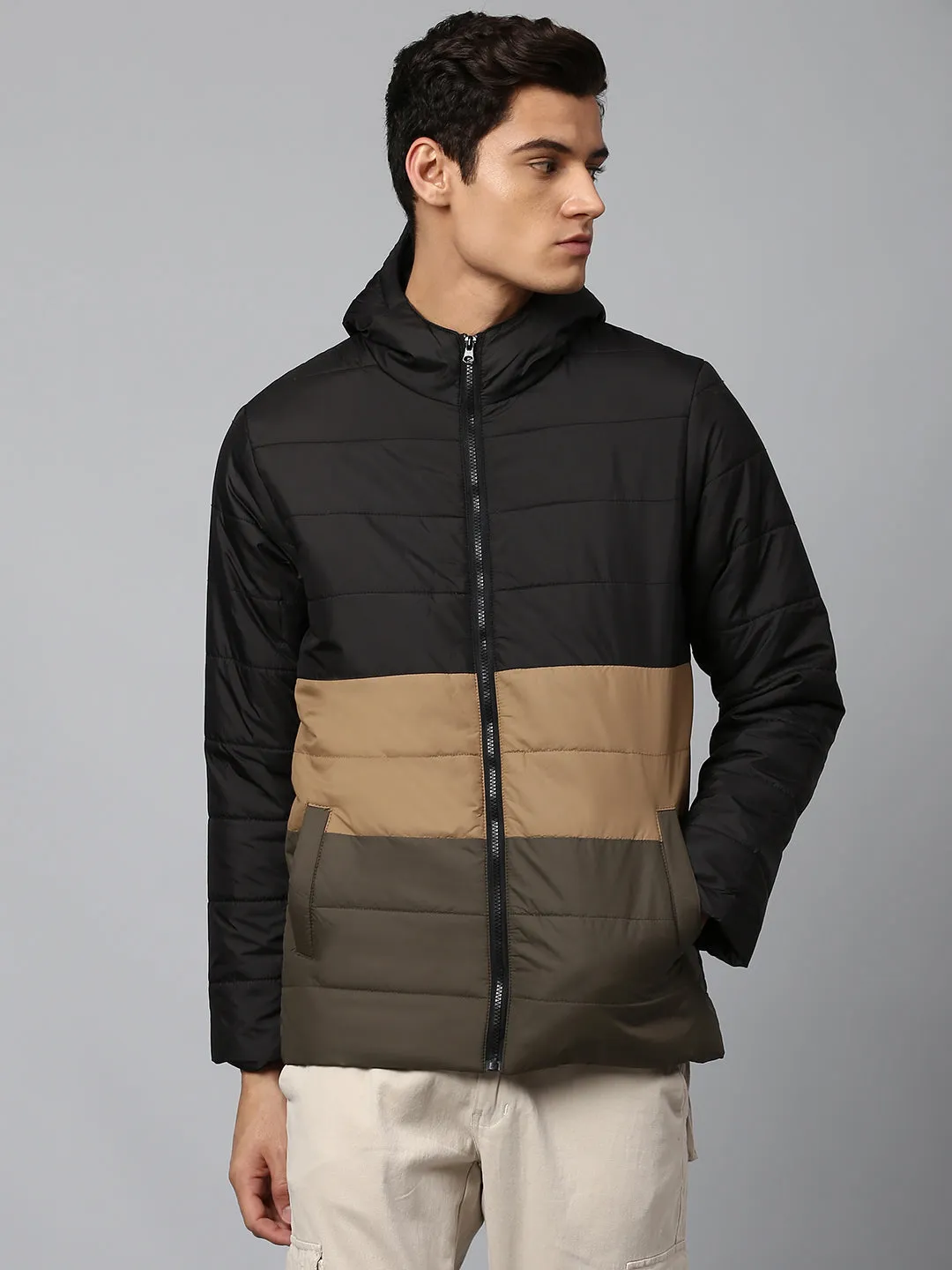 Men's Long-Sleeve Color Block Hooded Puffer Jacket - Water-Resistant Lightweight Casual Winterwear  (Olive)