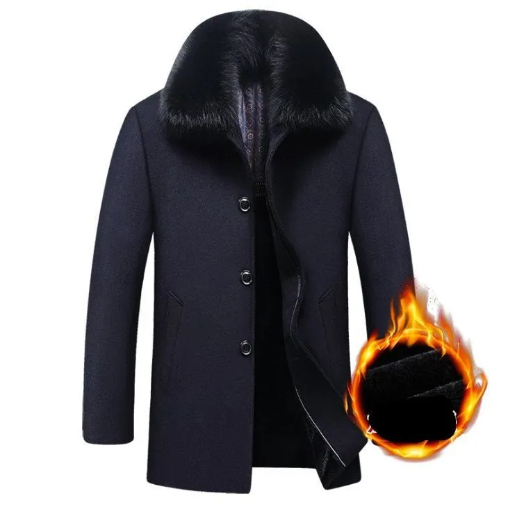 Men's Long Thick Warm Wool Coat With Detachable Large Fur Collar