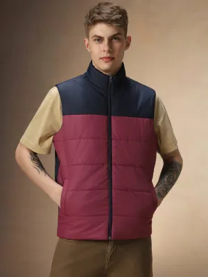 Men's Navy & Maroon Mock Neck Regular Fit Colorblocked Gilet Jacket